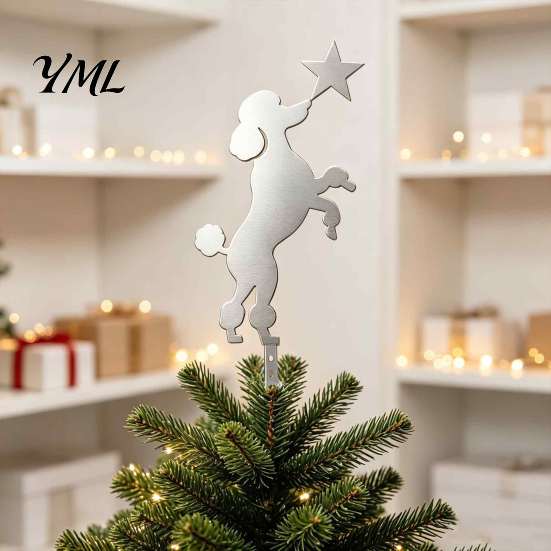 Cute Poodle Ornament Standing Christmas Tree Topper, Silver Silhouette Durable Metal Decoration, Secure Seasonal Accessory Plug-in Rod Easy