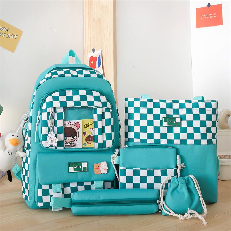 Lightweight Elementary School Backpack Korean Version for Junior High School Students Large Capacity Backpack Casual Grid Four Piece Backpack Studybag