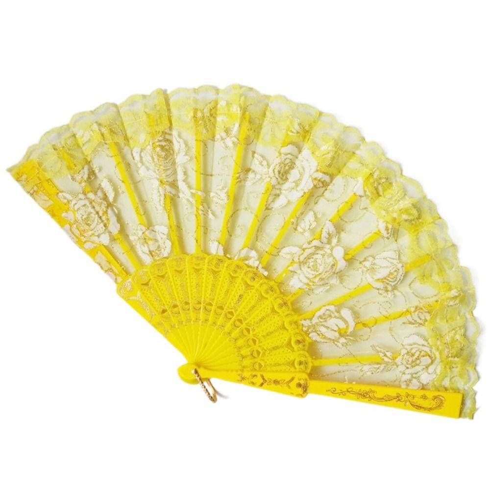 Home Decoration Handheld Ladies Lace Hand Fan Plastic Handle Rose Pattern Folding Fan Translucent Spanish Fan Dance Prop