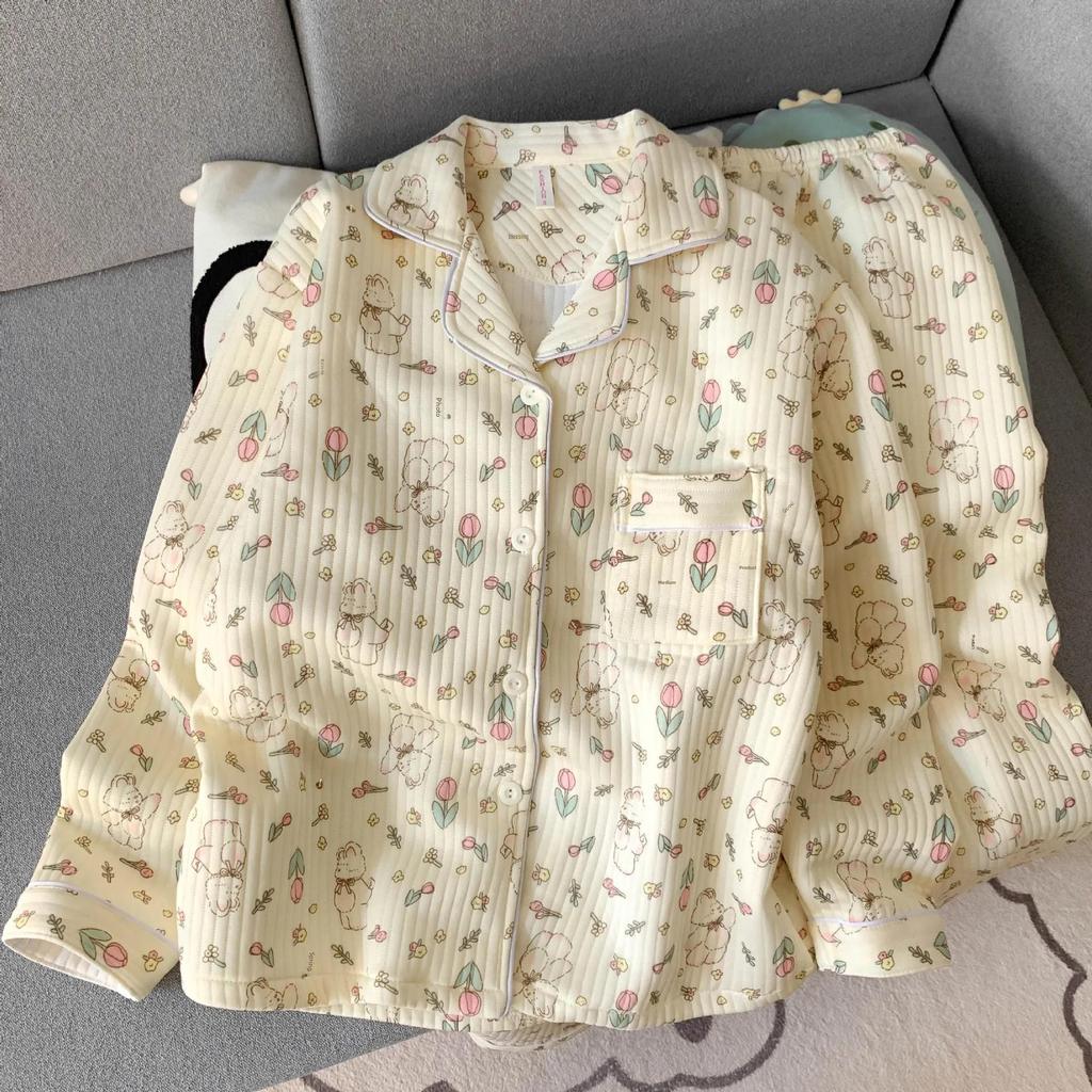 «Женский комплект пижамы TikTok осень/зима: Милый, теплый хлопковый комплект из двух частей для домашнего ношения.