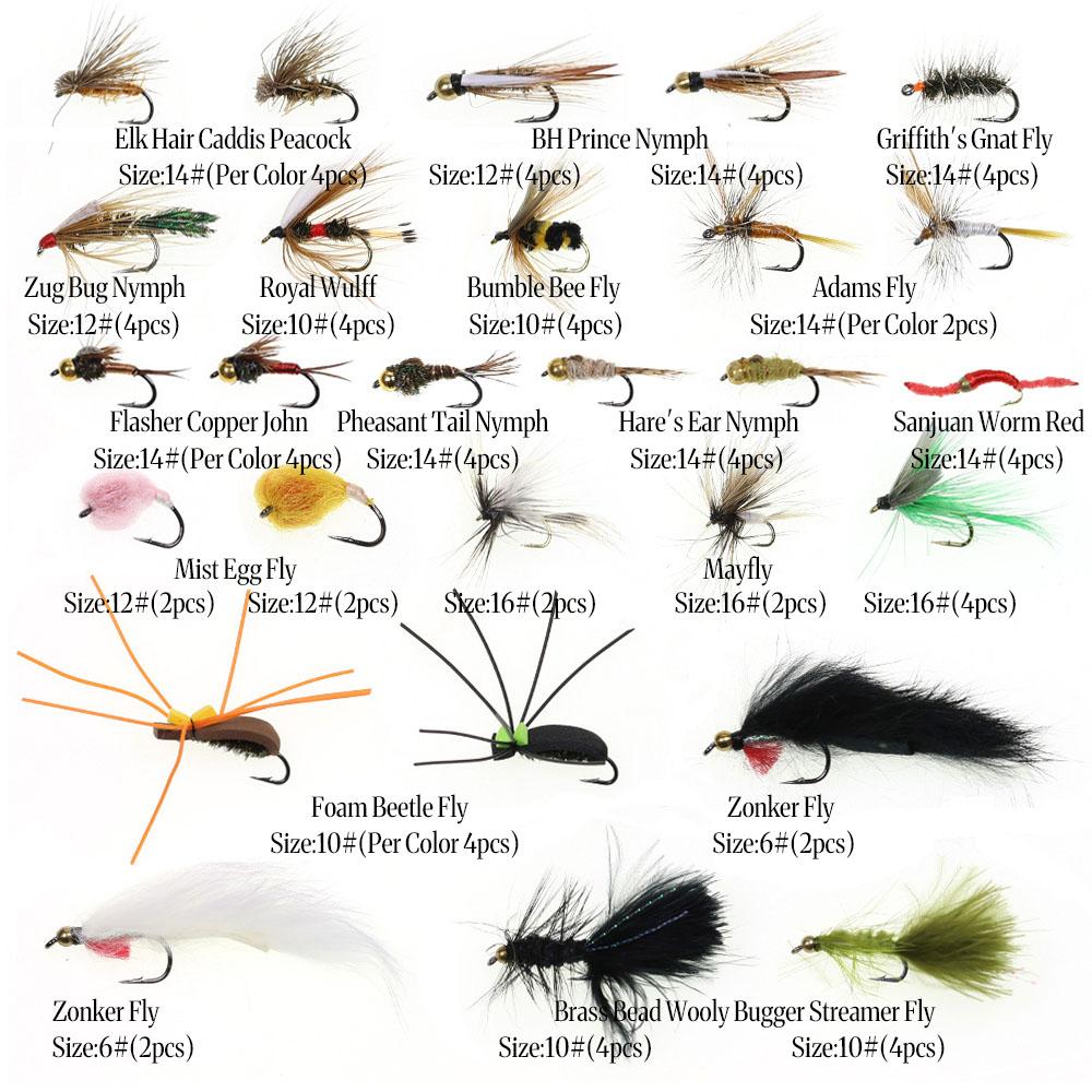 Набор мушек для нахлыстовой рыбалки 30/70/88/92 шт. с Woolly Bugger, нимфой Hare's Ear, сухими/мокрыми мушками, Elk Hair Caddis, Royal Wulff, чешской нимфой