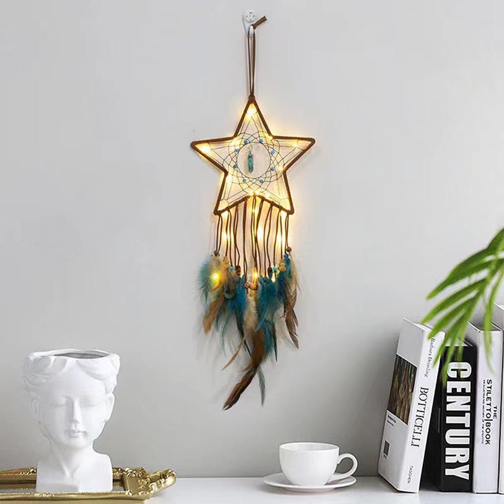 Energy Stone Pendant Feather Dream Catcher Hanging Decor Home Wall Ornament with LED Light Strip