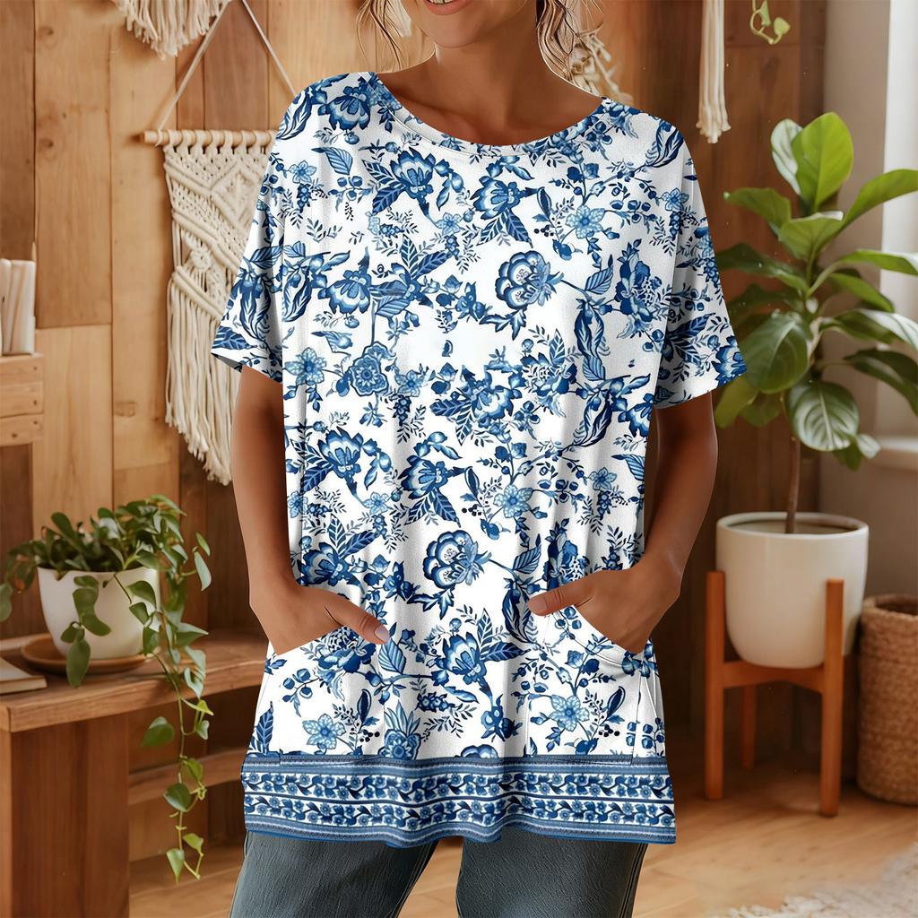 Женская мода повседневный короткий рукав цветочный принт топ