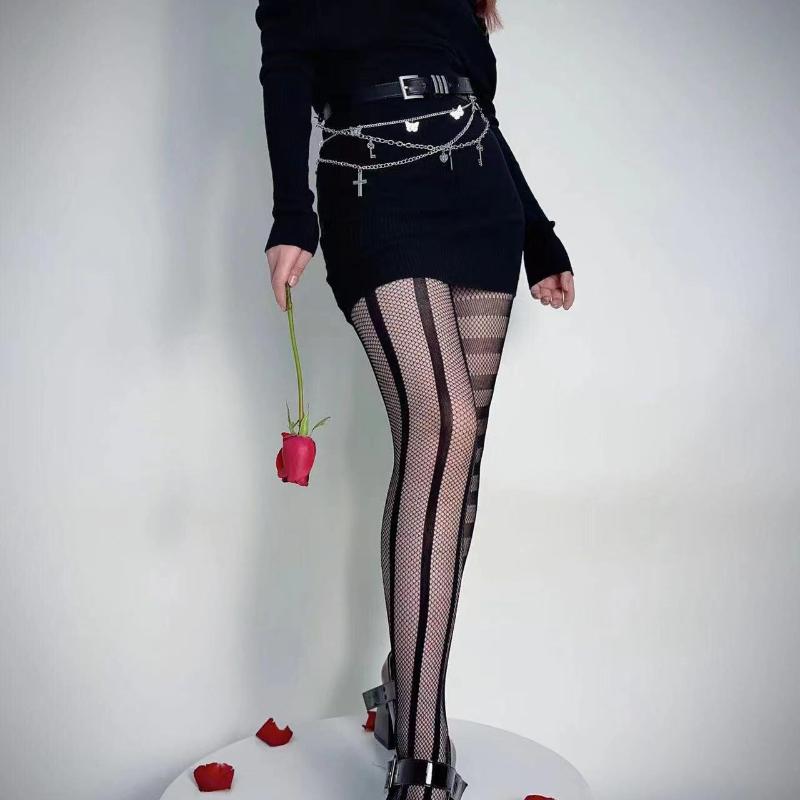 Pantyhose Asymmetric Womens Tights Stripe High Elasticity Lace Hollow Fishnet Sexy Stockings Classic Ladies Gothic Pantyhose