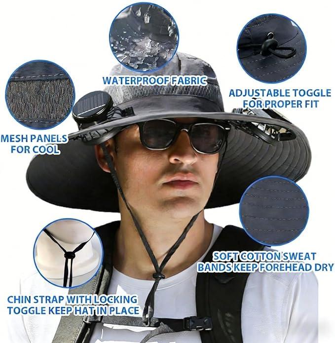 Portable Solar Powered Cooling Fan Hat with 2 Fans Rechargeable USB Wide Brim UV Protection Hat for Outdoor Activities