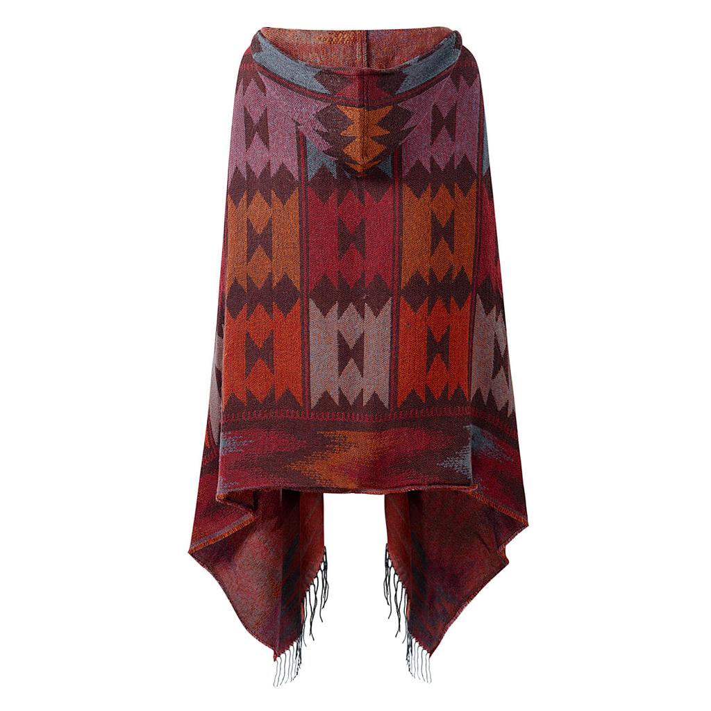 Vintage Women Autumn Hooded Cloak Geometric Buckle Tassel Warm Bohemian Casual Poncho