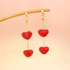 Luxury Full Rhinestone Heart Fringed Earrings for Women Sweet Cute Red Ball Tassel Long Earrings Girls Daily Party Jewelry Gift
