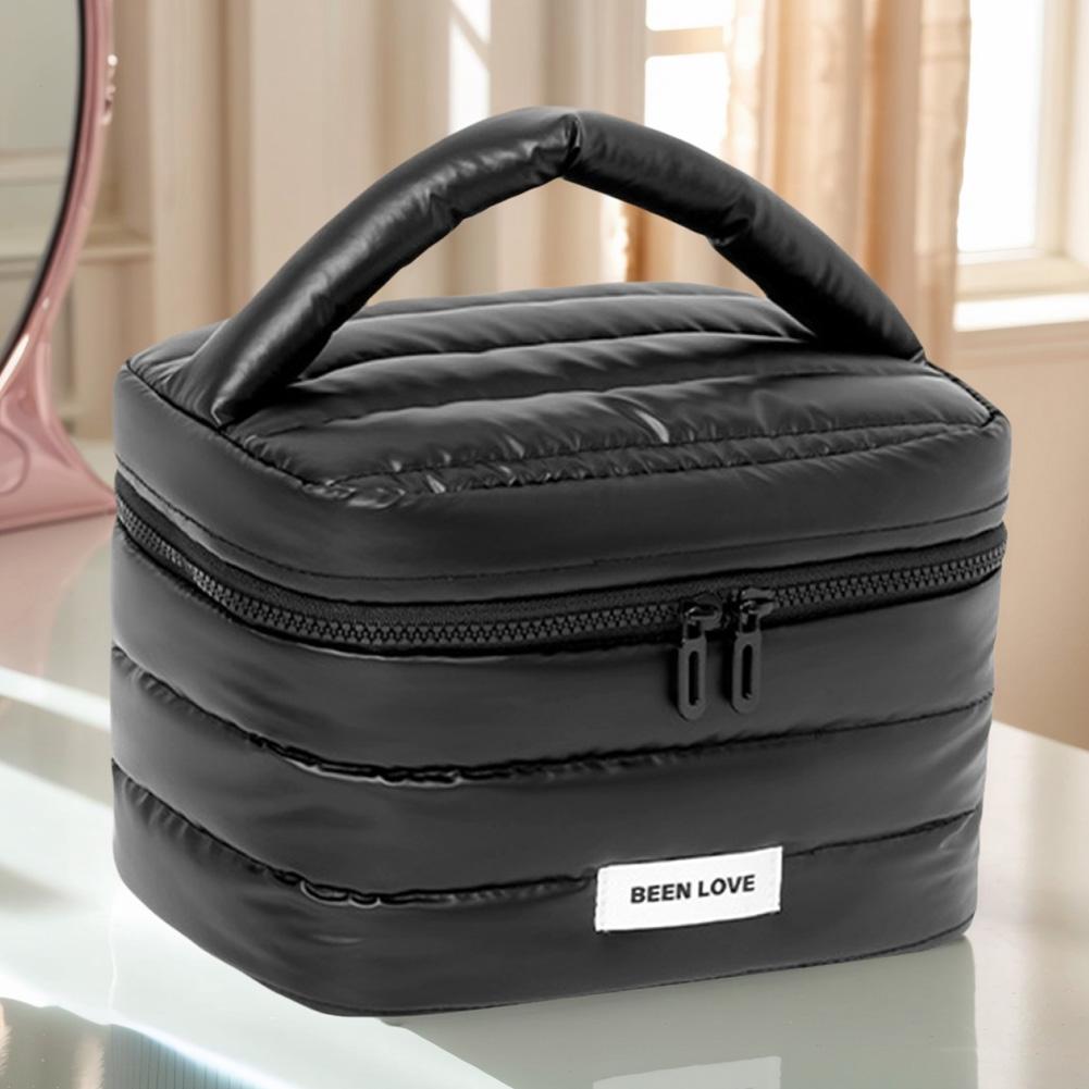 Пухлый стеганый косметический органайзер для женщин, дорожная сумка-органайзер для макияжа, косметичка, большая вместимость, на молнии, с ручкой