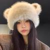 Модная меховая шапка с медвежьими ушками для женщин Меховая шляпа Осень и Зима Меховые шапки Монгольская шапка Без полей Плюшевая Пушистая Лыжная Шапка для Верховой Езды Теплая Шапка