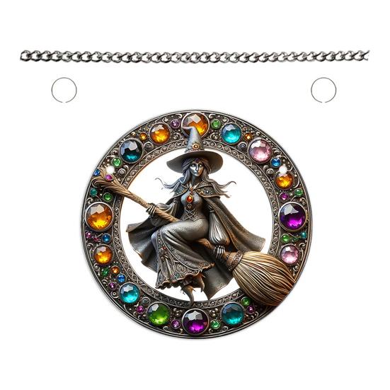 Halloween Witch Flying Broom Suncatcher Faux Crystal Magic Witch Wall Art Decor Acrylic Stained Glass Window Hanging Sun Catcher for Home Decor