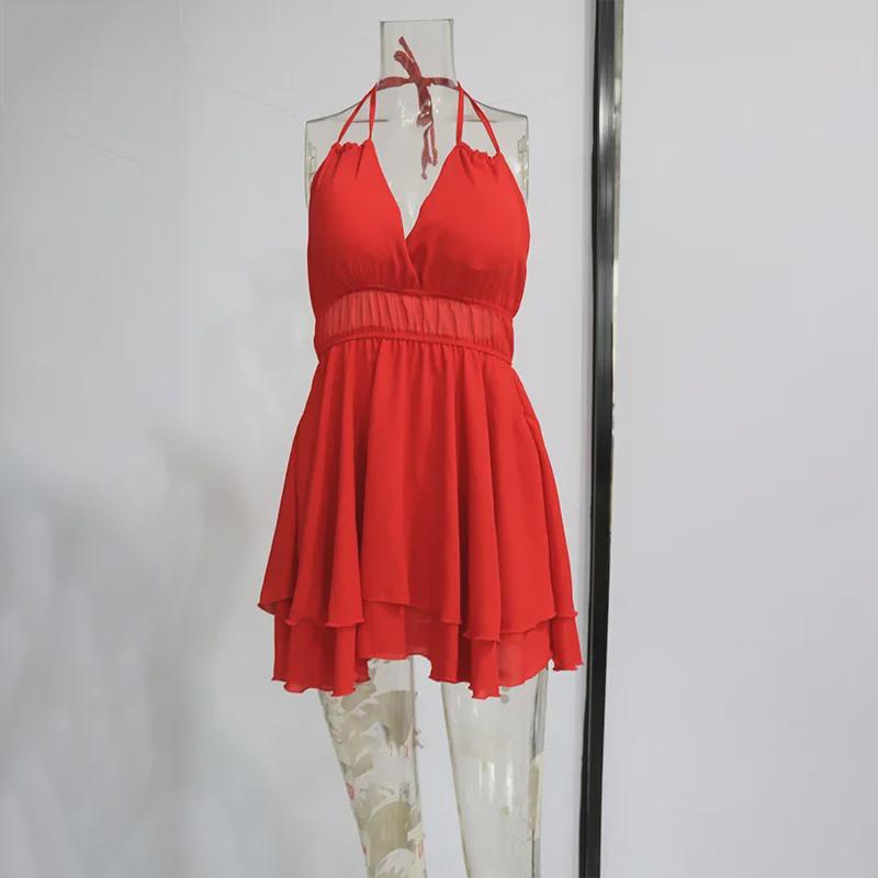 Европейское и американское летнее женское однотонное шифоновое платье с халтером и оборками - Сексуальный облегающий дизайн без спинки