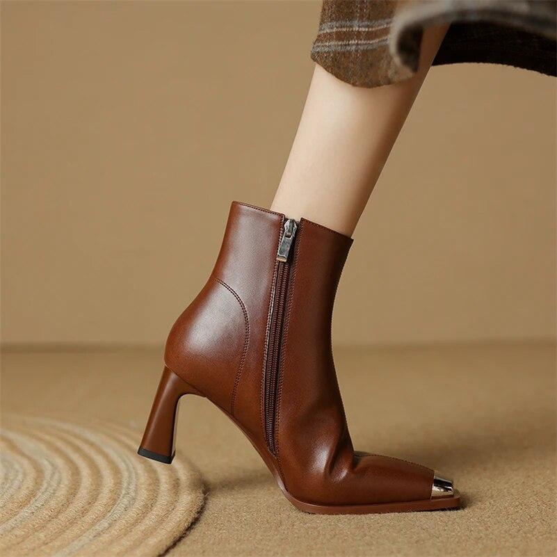 Meotina Женские ботильоны из натуральной кожи, шерстяные короткие сапоги на толстом высоком каблуке с квадратным носком, шерстяные короткие ботинки на молнии, женская обувь, зимняя обувь