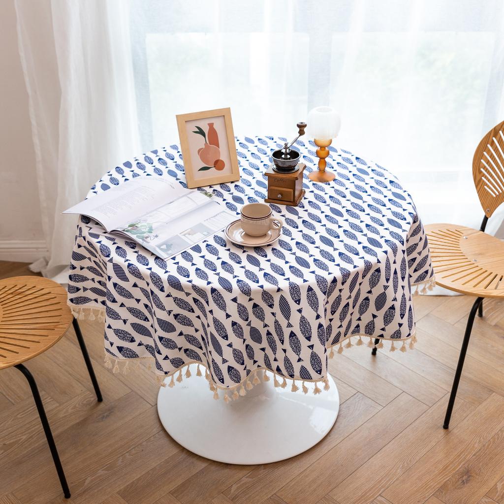 Японская хлопковая льняная круглая скатерть с кружевом с синими рыбками и ракушками, рождественское украшение, обеденный стол, скатерть для домашнего сада, чай