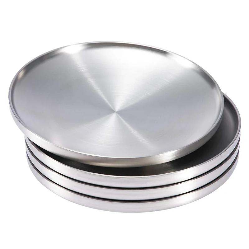 4Pcs/Set 304 Stainless Steel Round Plates, Double-Walled Insulated Dinner Plate, Plates for Snack, Dishes and Fruit