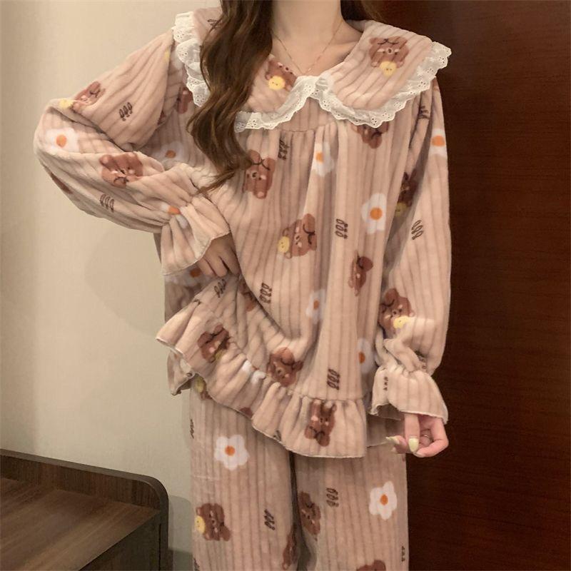 Женская пижама с принтом медведя, корейская милая принцесса, зимняя теплая свободная повседневная домашняя одежда, комплект из двух предметов с кукольным воротником и длинными рукавами