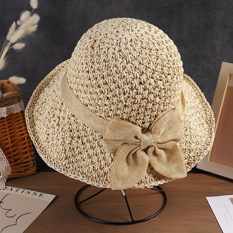 Женская соломенная шляпа с кружевным бантом, летняя шляпа с защитой от солнца, модная складная шляпа