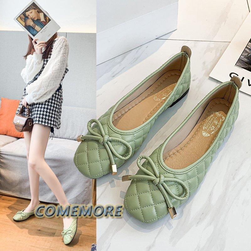 Женские повседневные туфли из эластичной ткани, балетки на плоской подошве с бабочкой и дышащим квадратным носком, удобные осенние туфли из ПУ зеленого цвета