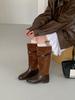 British style belt buckle knight boots women's autumn and winter new color matching boots thick heel high boots