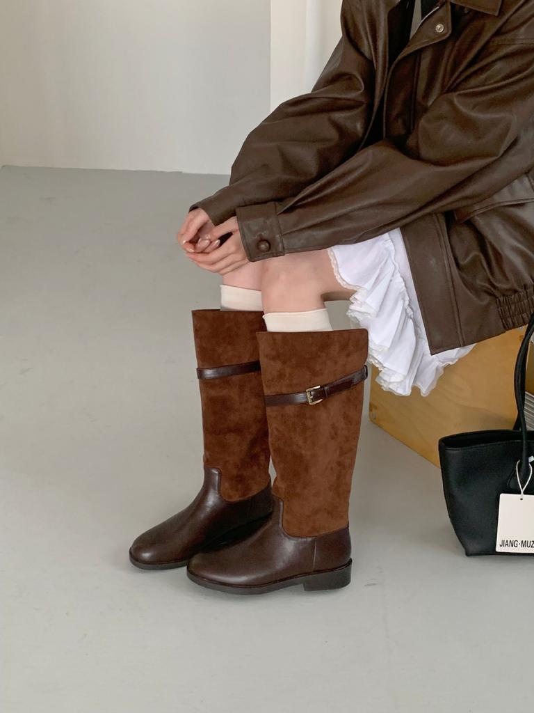 British style belt buckle knight boots women's autumn and winter new color matching boots thick heel high boots