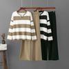 Two-piece Sets Vintage Elegant V-neck Long-sleeved Contrast Striped Knit Sweater Women Tracksuit High Waist Draped Pants Sets