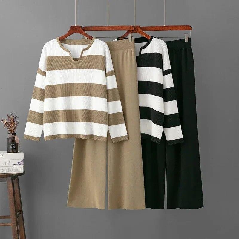 Two-piece Sets Vintage Elegant V-neck Long-sleeved Contrast Striped Knit Sweater Women Tracksuit High Waist Draped Pants Sets