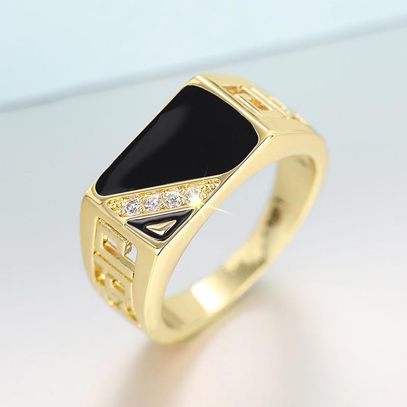 Huitan Fashion Lady Gold Color Finger Ring Black Drop Glaze Accessories Блестящий циркониевый обручальный браслет с ажурным дизайном Ювелирные изделия