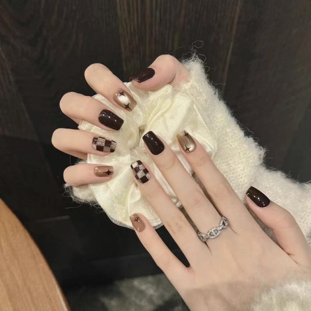 Nail Art Wear Maillard Color Checkerboard Cat Eye Plaid Star Flash Removable Nail Art Patch
