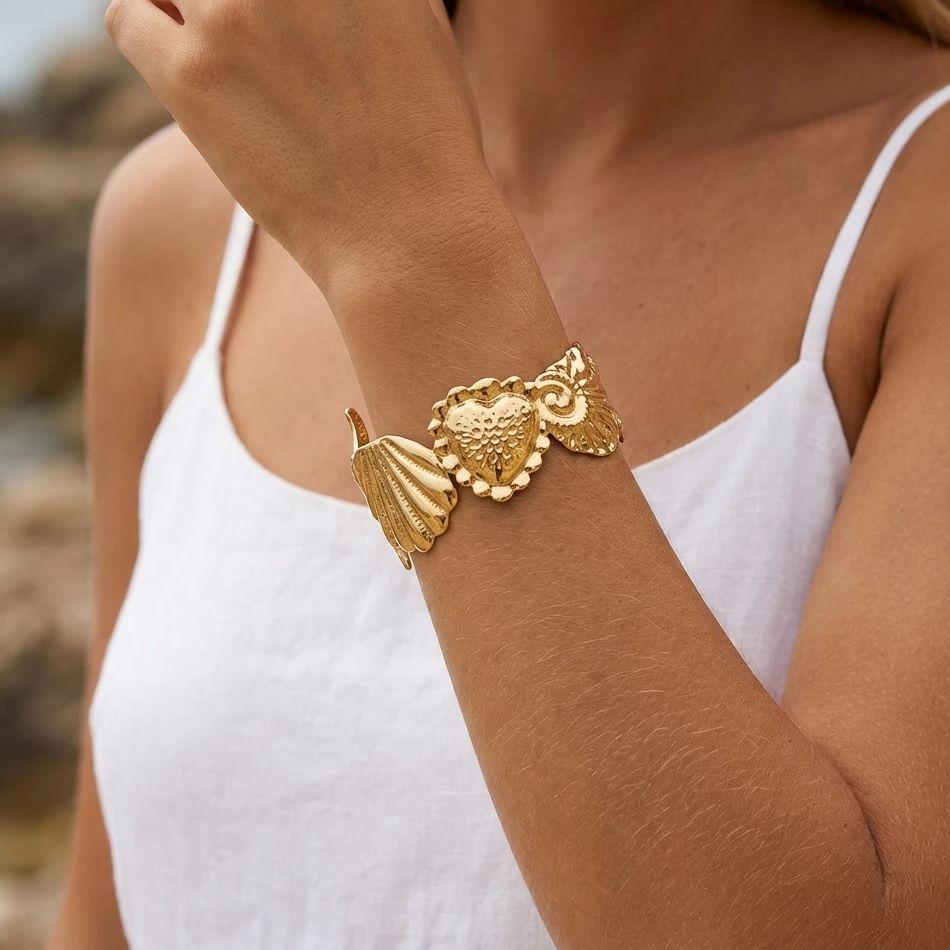 Fashion Shell Starfish Stainless Steel Cuff Bracelet for Women Boho Heart Conch Open Bangle Summer Party Jewelry Gift