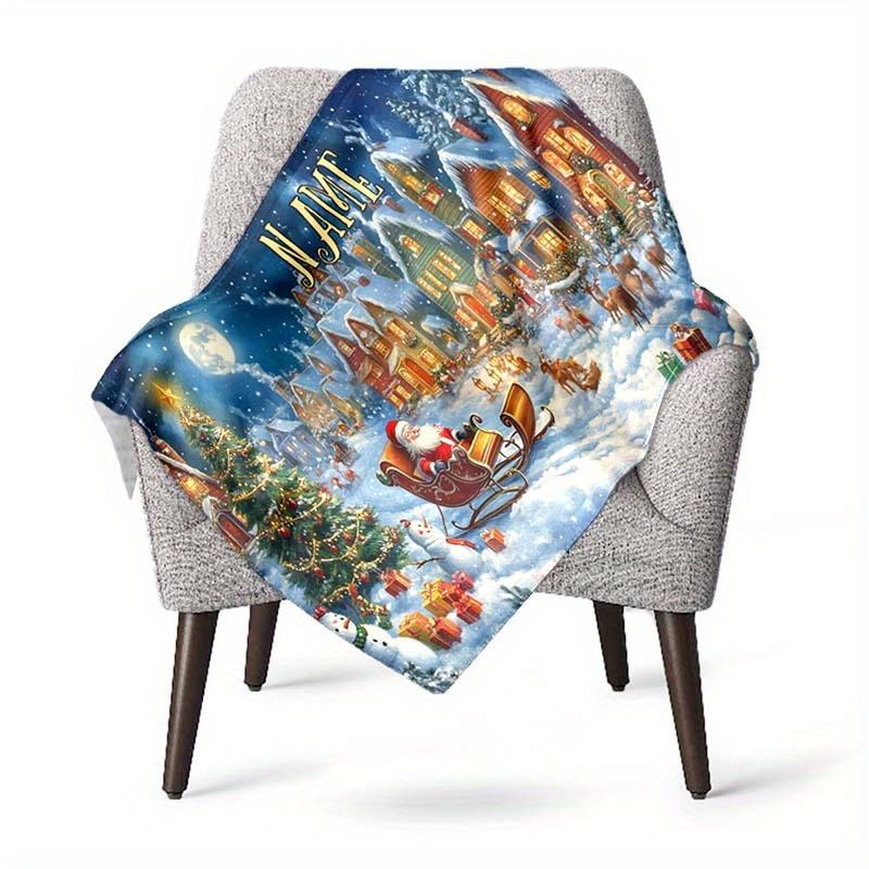 Santa Claus Christmas Customized Your Name Blanket Warm Comfortable Soft Blanket For Chair Office Sofa Bed Sofa Office Camping Suitable For Gifting