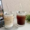 380/600ML Stripe Glass Coffee Cup With Lid and Straw Transparent Drinking Glasses for Juice Milk Tea Cups Iced Coffee Mugs Drink