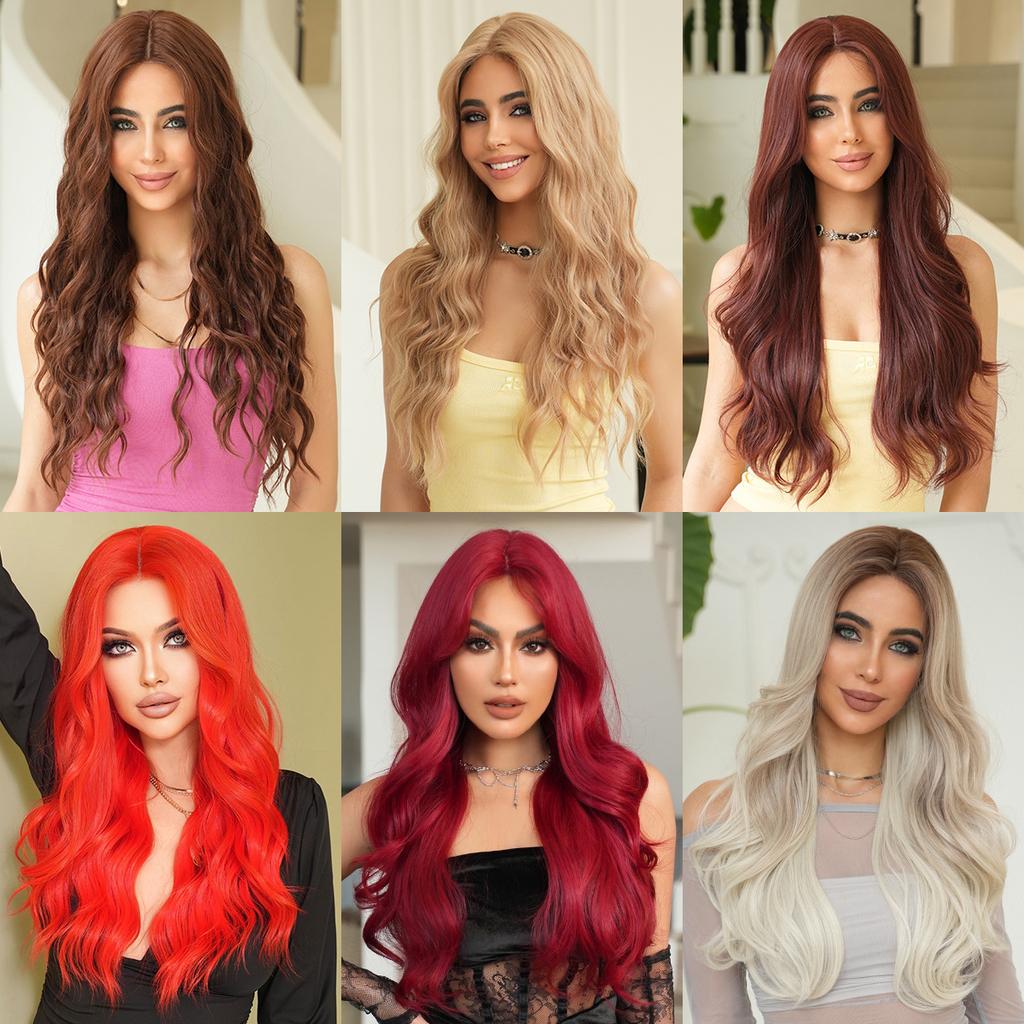 Женский коричневый парик с кружевной передней частью, ручной работы, длинный волнистый парик, пробор посередине, крупные волны, накладка для волос