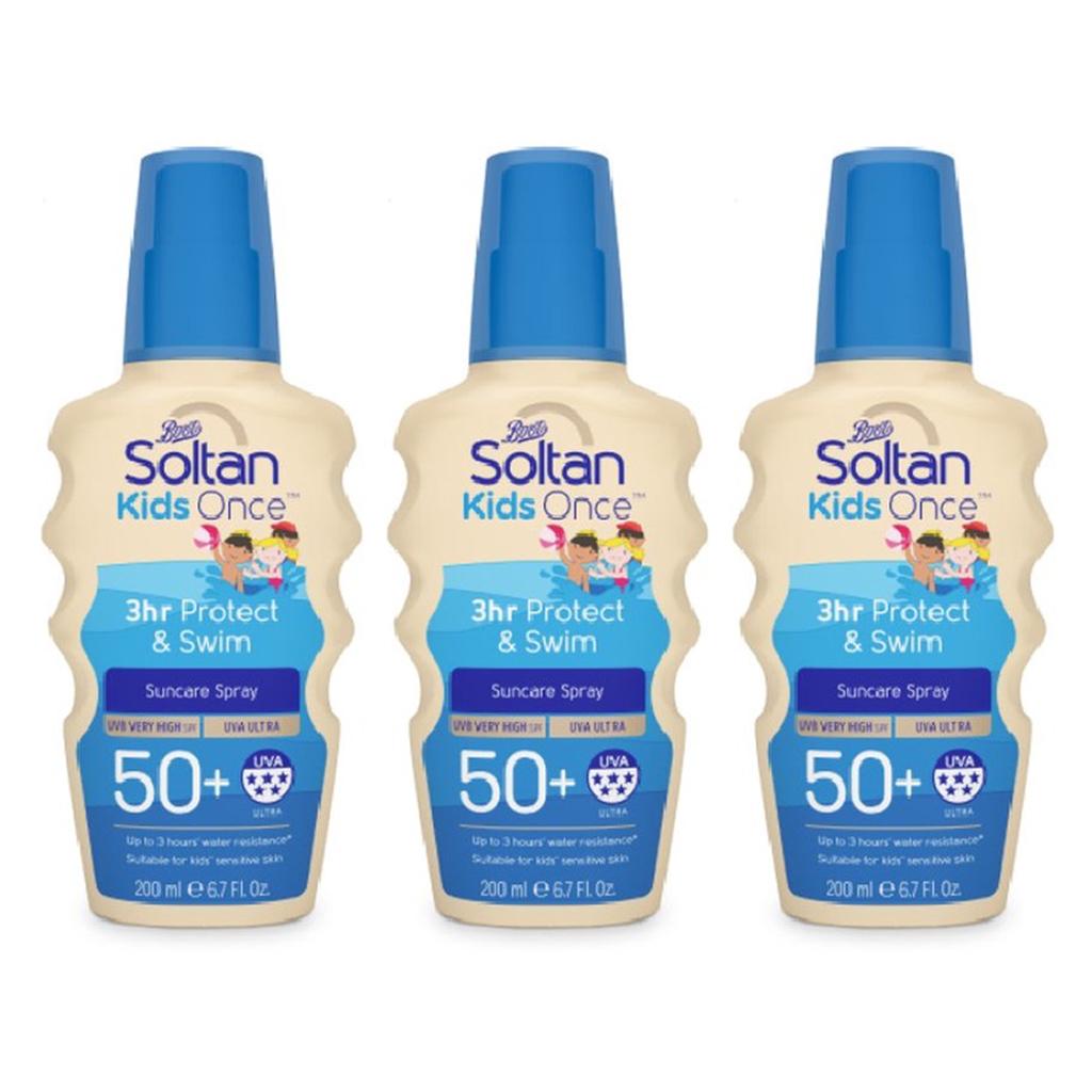 Boots Солнцезащитный спрей Soltan Kids Once 3Hr Protect & Swim с очень высоким уровнем защиты от ультрафиолета SPF50+, 200 мл.