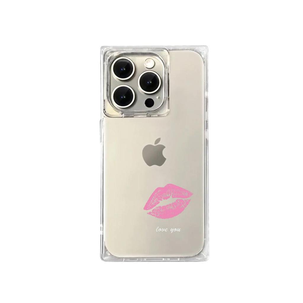 Прозрачный чехол с квадратной задней стенкой для iPhone 14 Pro Max 15 Plus 11 13 12 16 ProMax, защита от окисления, простой чехол с рисунком розовых губ