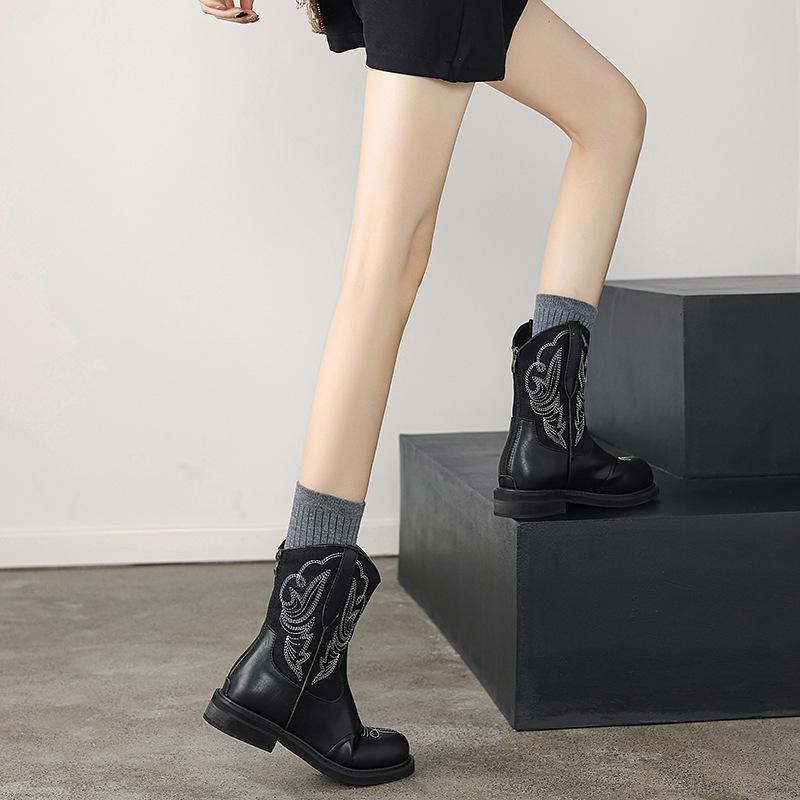 Women Round Toe Mid Heels Autumn Winter Ankle Boots Ladies Shoes New Patchwork Leather Western Mid Calf Boots