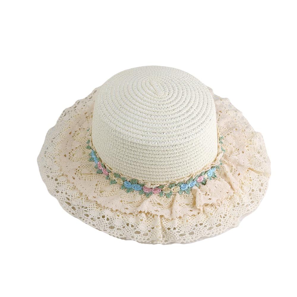 Flat Top Lace Floral Brim Cap Japanese Style Women's Sun Hat Simple Straw Woven Top Hat  Beach