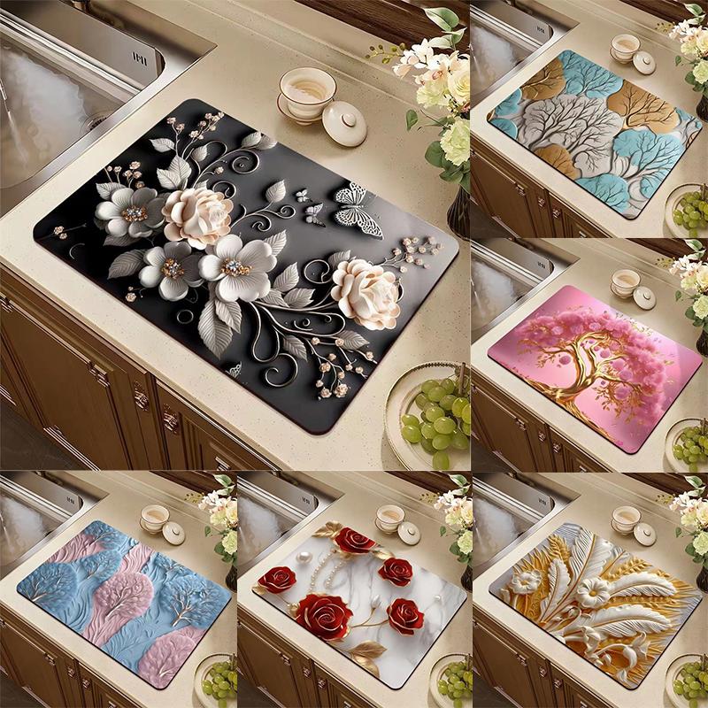 Дренажный коврик с цветочным принтом, прямоугольный, сушильный коврик для кофемашины, абсорбирующие дренажные коврики для посуды, коврики для раковины, салфетка