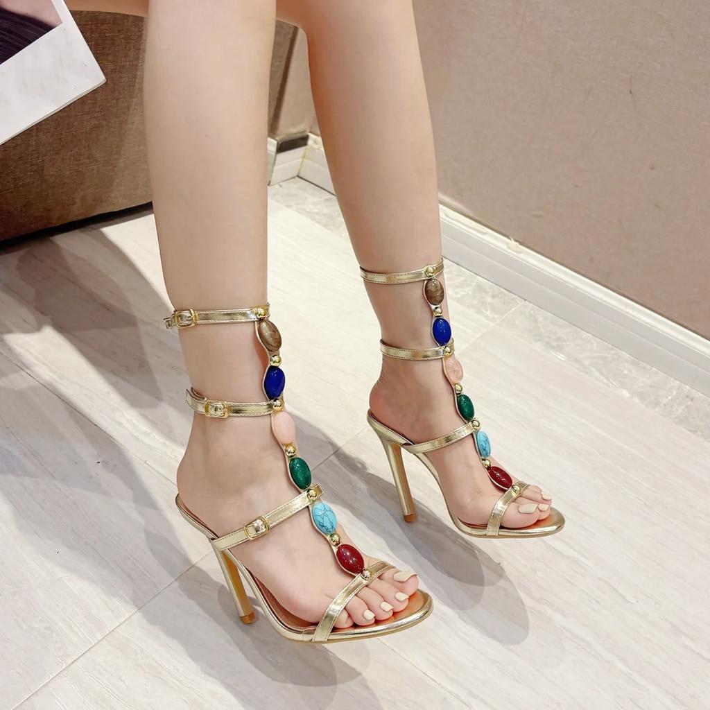Летние женские модные босоножки на высоком каблуке с круглым носком, цветными кристаллами, ремешком на щиколотке, женские золотистые туфли для вечеринки и свадьбы