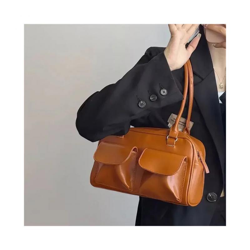 (Brown, 28x16x10cm) Vintage Women Business Shoulder Bags Simple Ladies Commute Tote Bag Pu Leather Female Underarm Large Handbags Purse