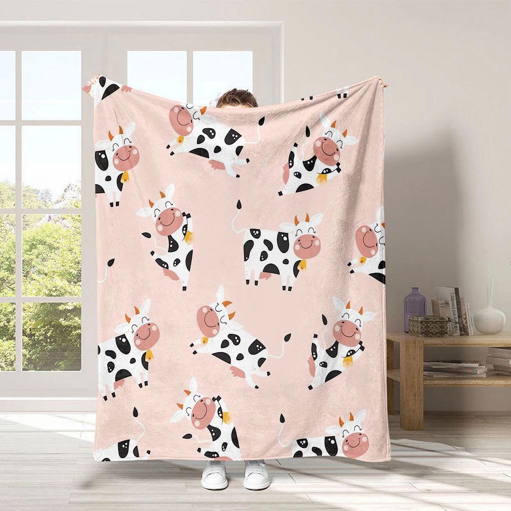 Cute Strawberry Cow Printed Blanket for Sofa Bed Travel Camping Living Room Office Conditioning Blanket for All Seasons Gifts