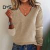 Женский свитер с V-образным вырезом, длинным рукавом, ребристой отделкой, пуловер, трикотажные топы, повседневный свободный нарядный свитер, повседневная одежда