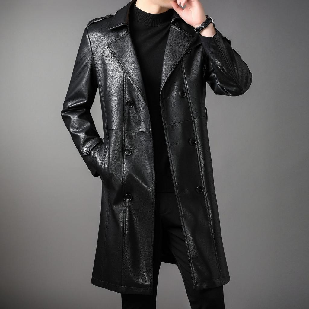 Long Leather Men Autumn and Winter New Cashmere Double-breasted Business Casual Fashion Leather Trench Coat Men Wear