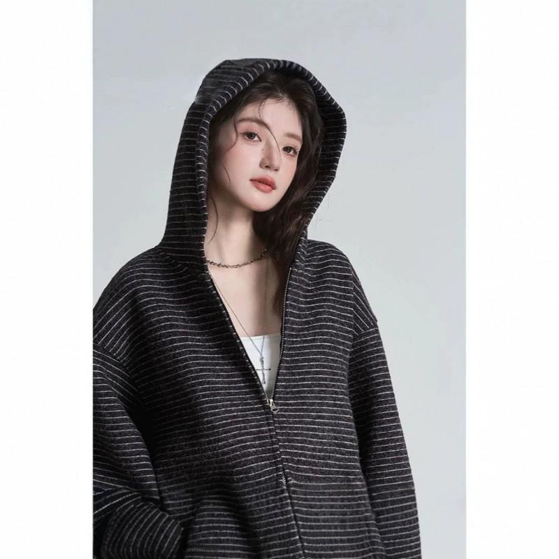 Womens Striped Fleece Hooded Zip Sweatshirt Coat Loose Lazy Style Fall Winter