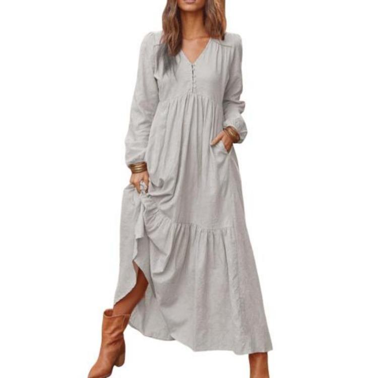 Women Long Sleeve Bohemian Cotton Linen Swing Dress Oversized V Neck Flowy Tiered Ruffle Pleated Long Dress