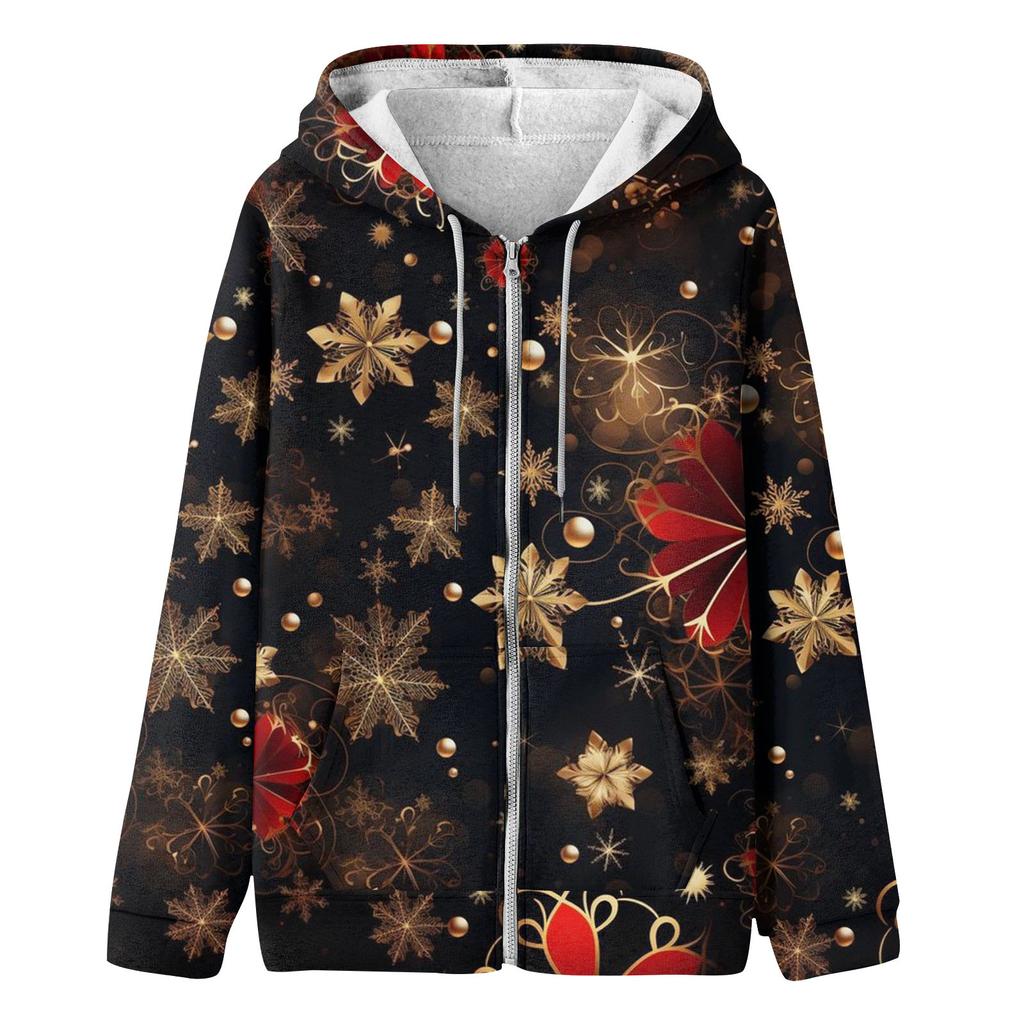 Женская модная повседневная рождественская печатная толстовка на осень и зиму с длинным рукавом и карманом, кардиган, куртка с капюшоном на молнии, пальто