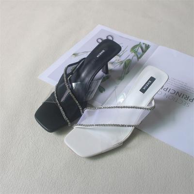 Модная обувь большого размера Женские шлепанцы Резиновые шлепанцы с квадратным носком Тонкий каблук Мюли на каблуке Слиперы Женские блестящие шлепанцы Гавайские высокие