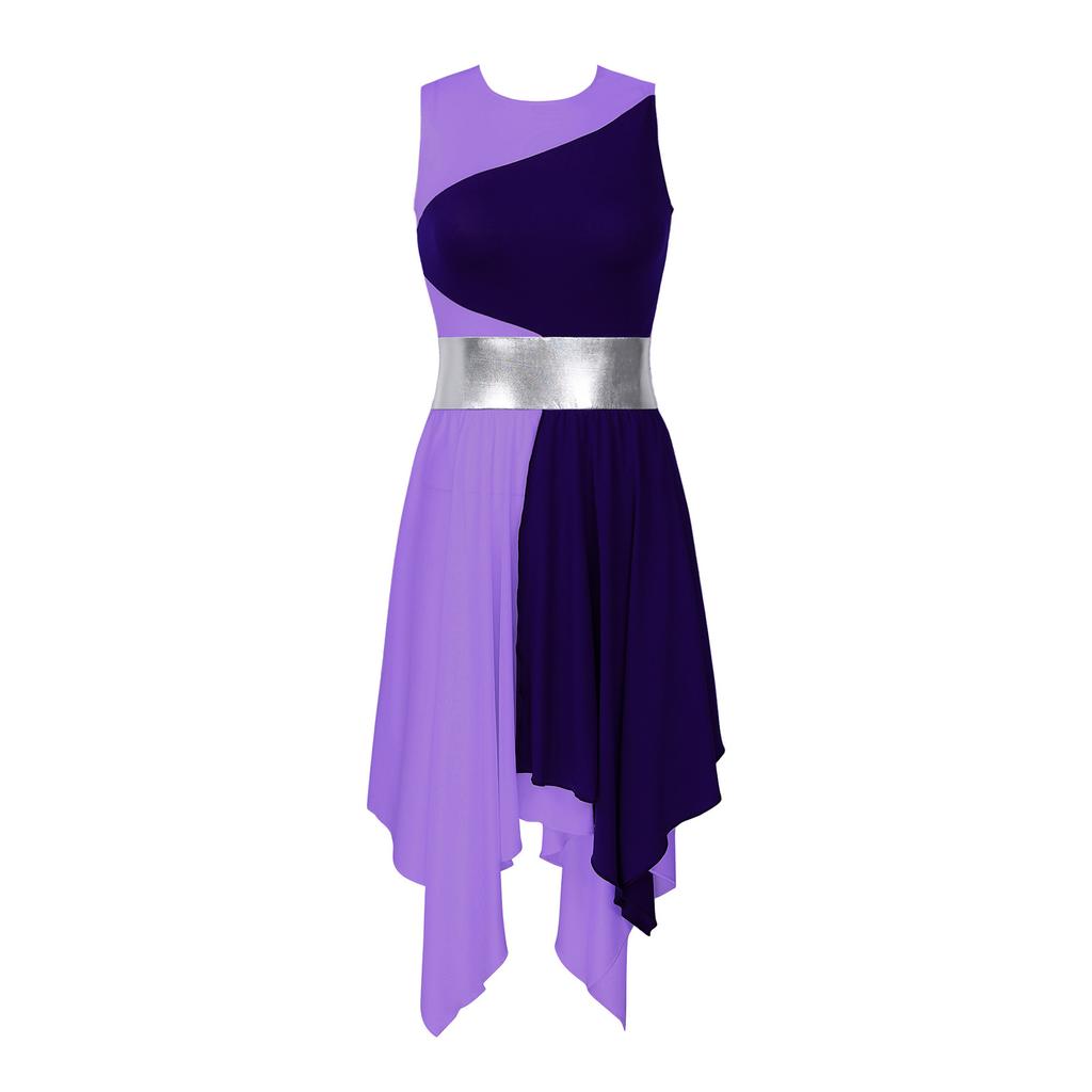 Женское танцевальное платье с цветными блоками, без рукавов, с круглым вырезом, асимметричным подолом, для выступлений, для вечеринок
