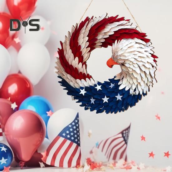 Патриотический венок с орлом 4 июля Деревянное украшение Крытый Открытый входная дверь Настенный подвес День независимости День памяти Дверной знак Подвеска