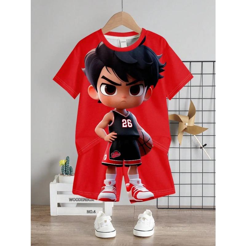 Superhero & Young Boy Casual Cartoon Patterned Short Sleeve Round Neck Top And Shorts Set, Suitable For Summer