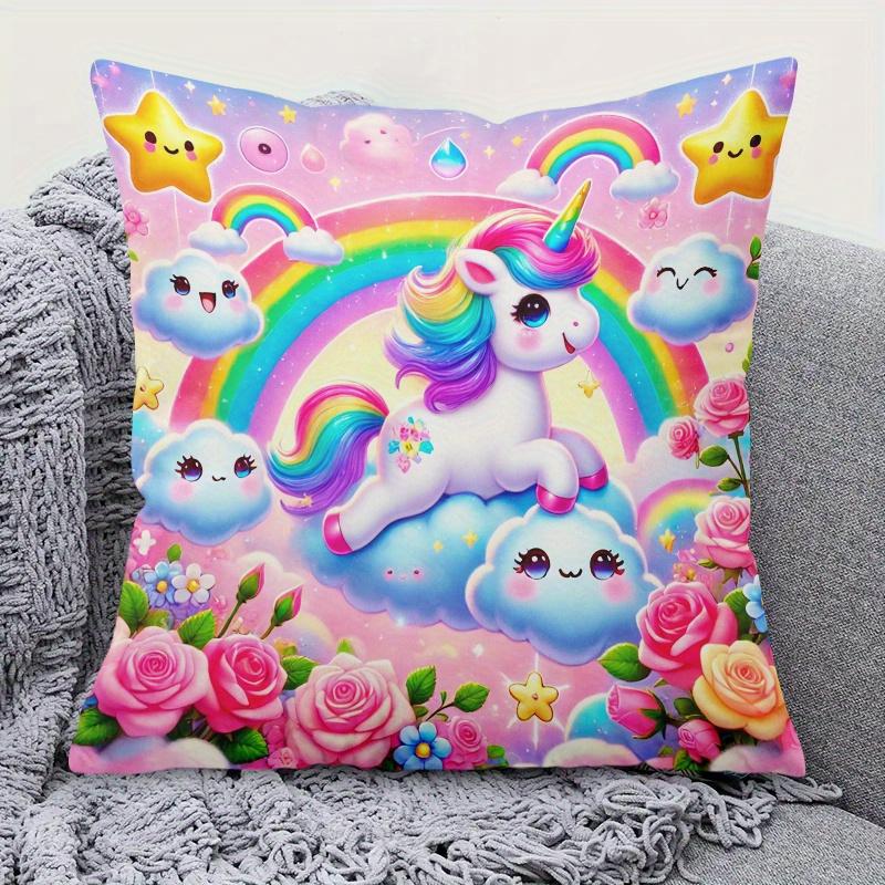 Double Sided Fantasy Unicorn Festive Pillowcase, Rainbow Graphic Cushion Cover with Hidden Zipper for Home Sofa Decor, 1 PC