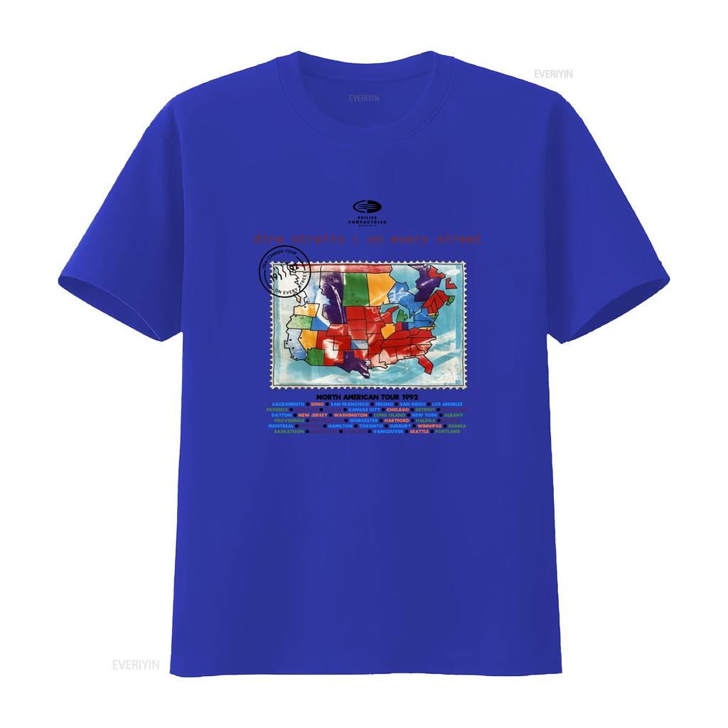 1992 Dire Straits on Every Street Tour North American Map Design T shirt vintage Washed Stretched Casual streetwear Stylish
